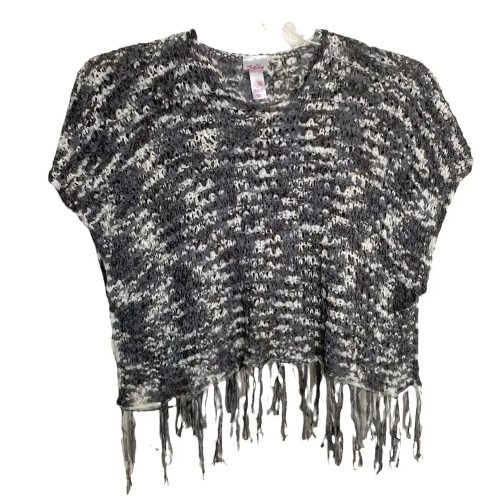 Justice Girls XS/S Black White Marled Open Knit Fringe Poncho Sweater Top Boho